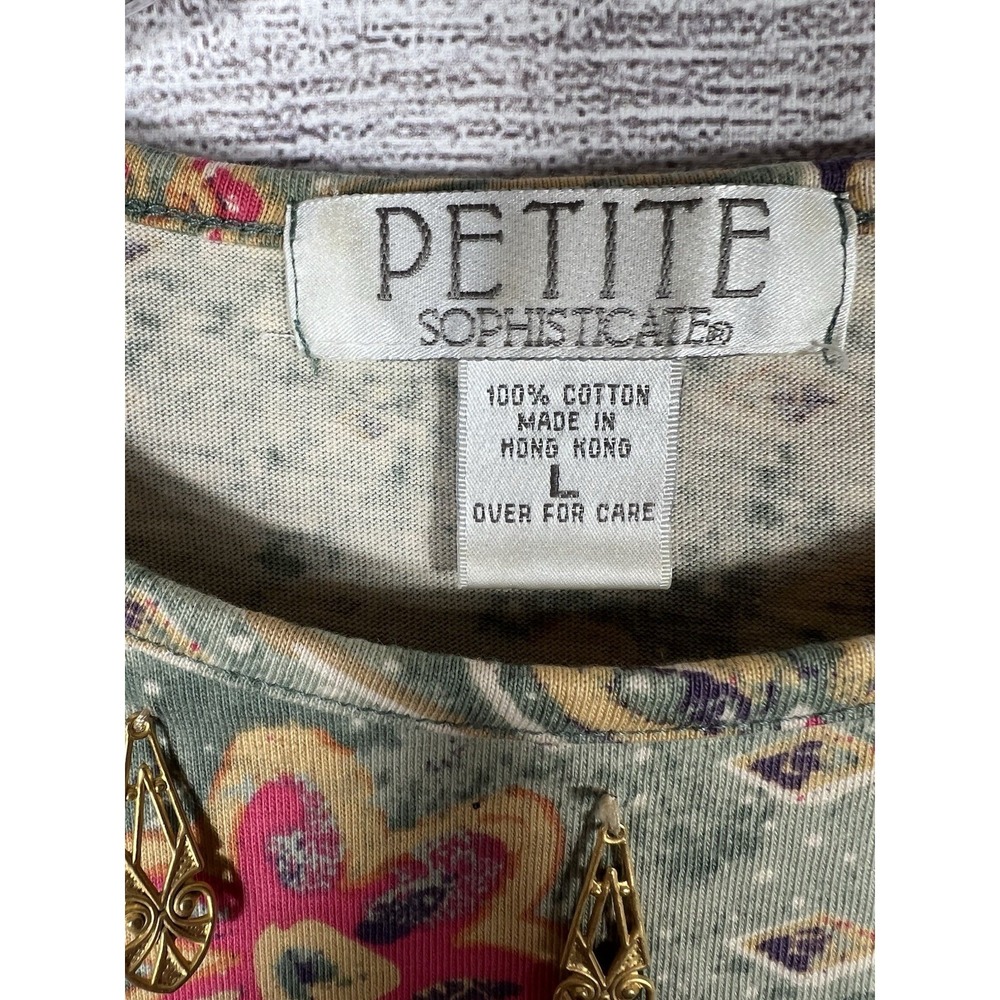 Vintage Petite Sophisticates Womens Large Floral Cottagecore Top Green Pink - Picture 3 of 5